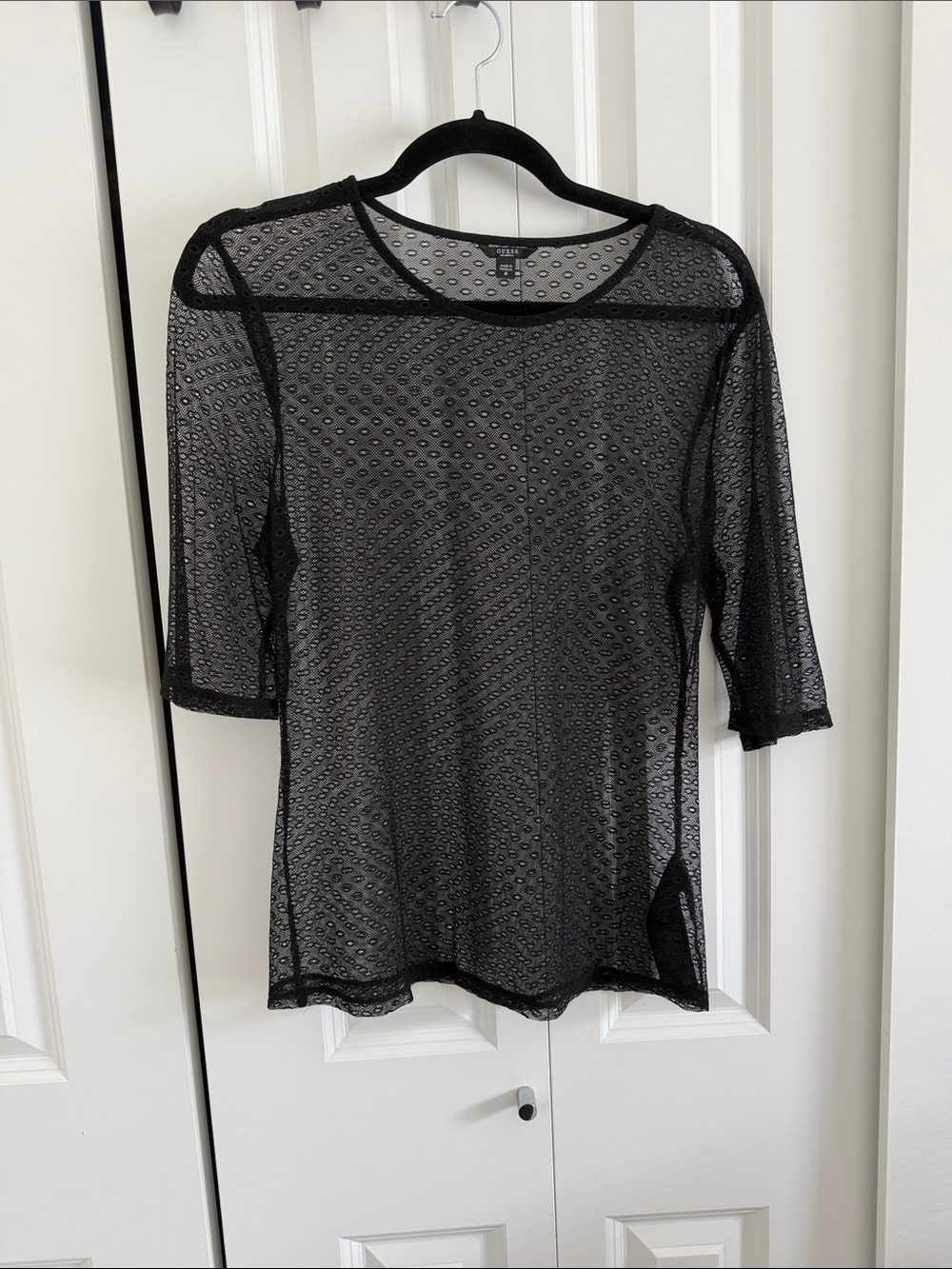 Guess Sheer Black Mesh 3/4 Sleeve Top
